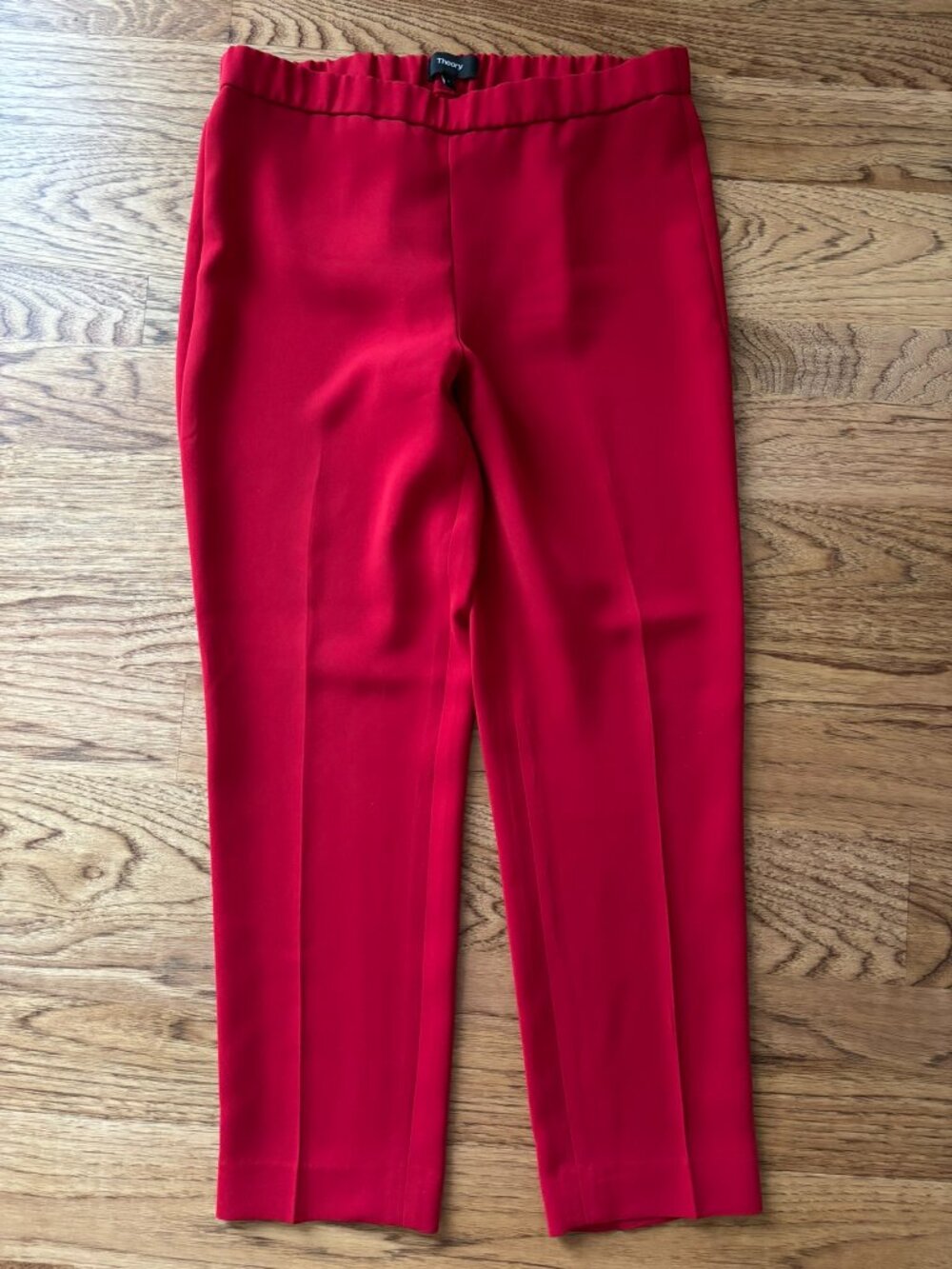 THEORY RED CREPE ELASTIC WAIST SLIM LEG PULL ON PANTS SZ 4 CONTEMPORARY MODERN
